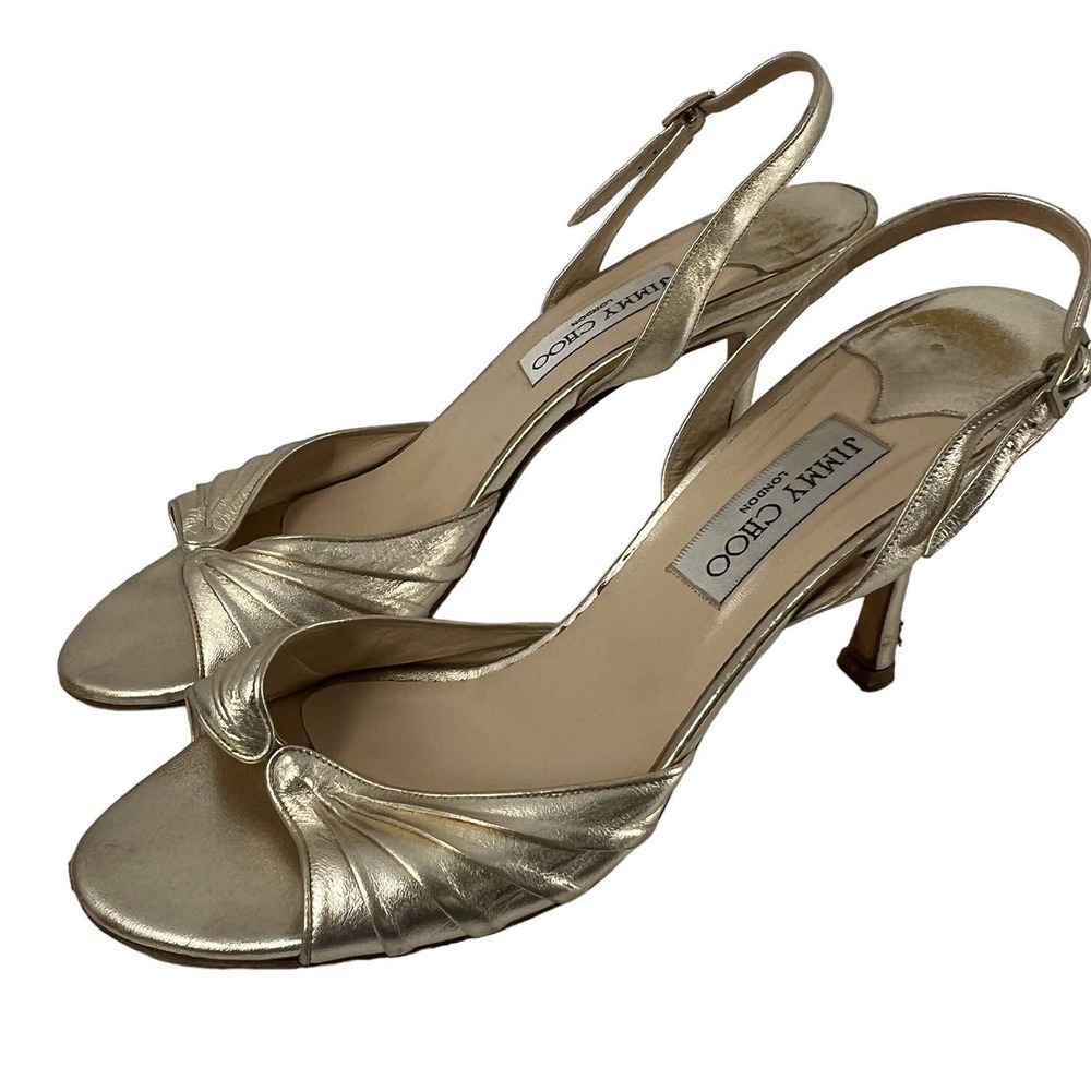 Jimmy Choo Gold Leather Open Toe Slingback Pump Size 41 EUC